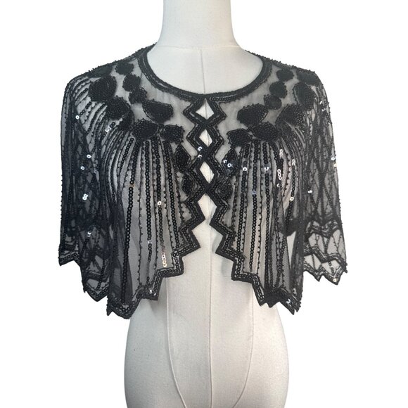 Black Sequin OS Beaded Sheer Capelet Shawl NWT - Picture 2 of 13
